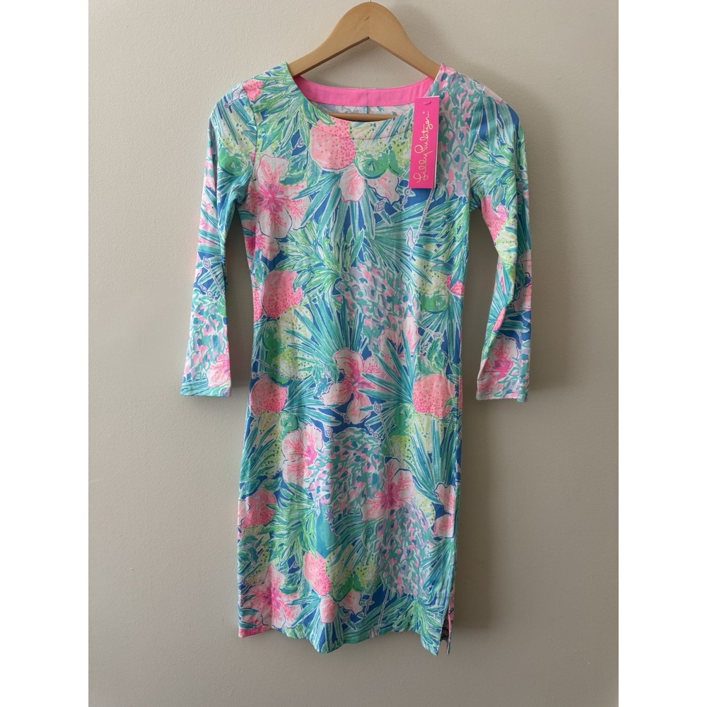 Lilly Pulitzer Charley Dress Women's XXS Multi Swizzle 3/4 Sleeve Aqua Pink
